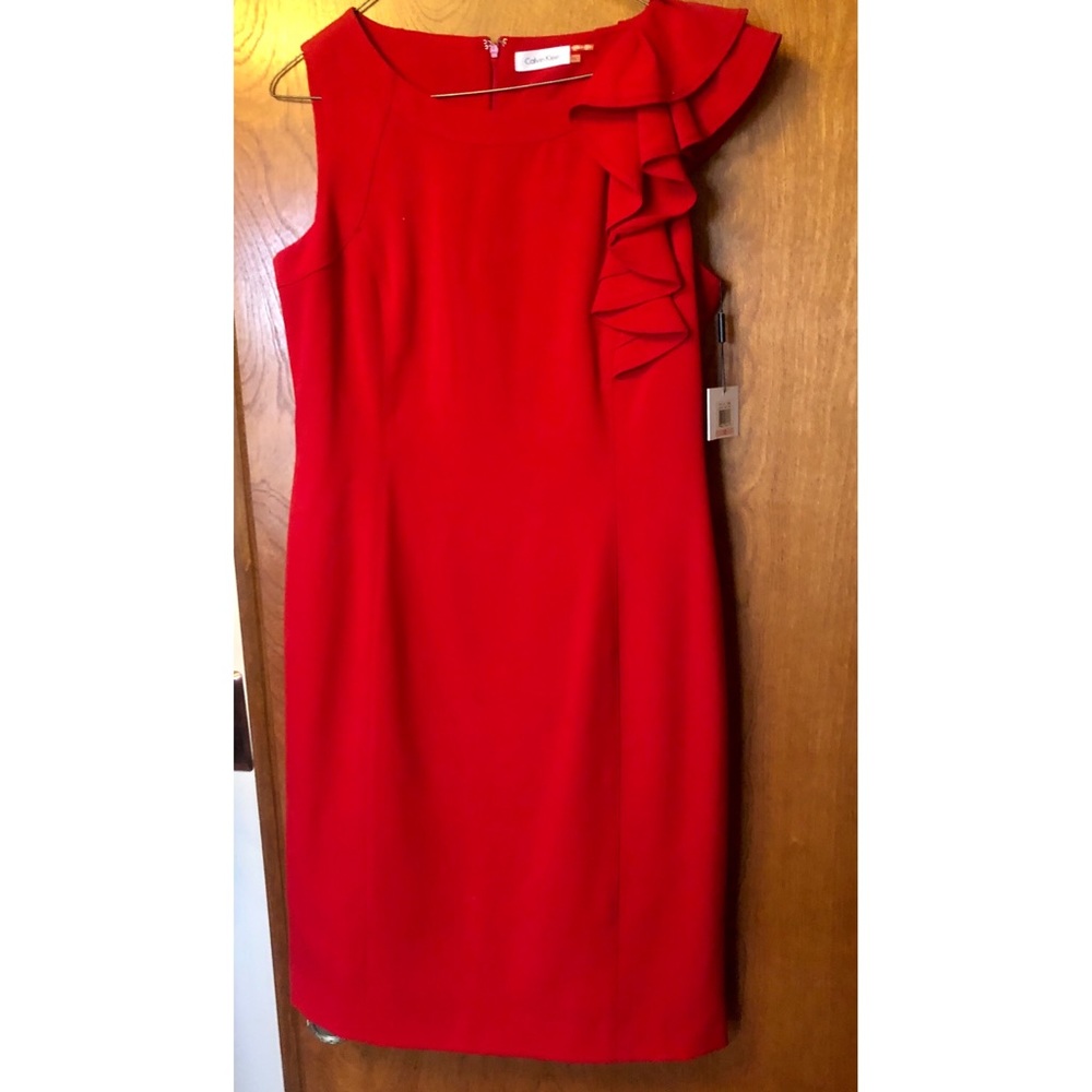 Red Calvin Klein Dress with Shoulder Ruffle